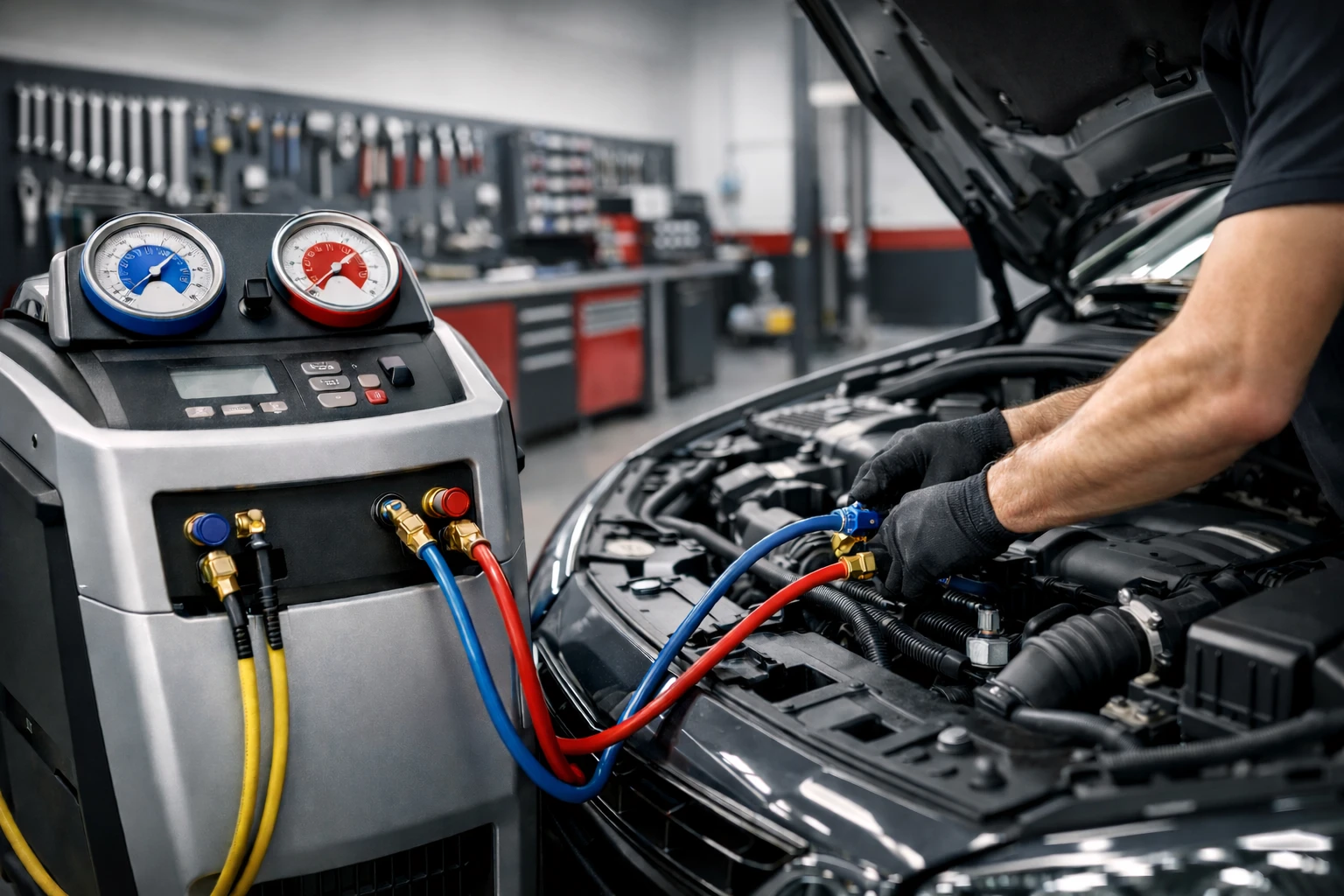 Imagen de un tecnico revisando el aire acondicionado de un vehiculo
